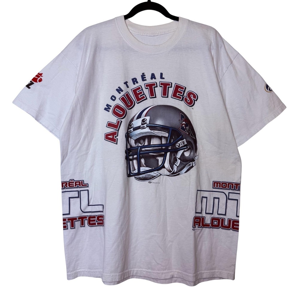Vintage 90s Montreal Alouettes CFL Football Bulletin AOP T-Shirt Sz XL